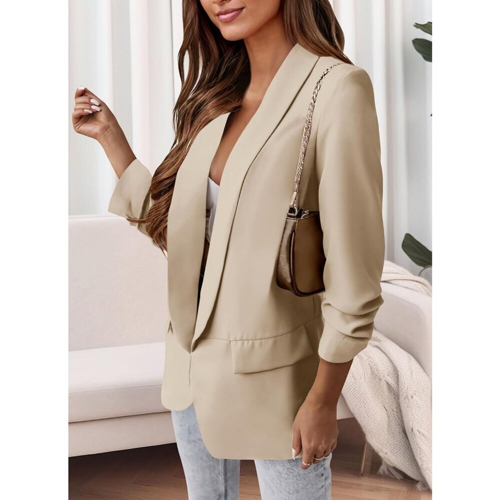 Women's Beige Casual Blazer Spring Fall Fashion Long Sleeve Open Front Work - Picture 4 of 5